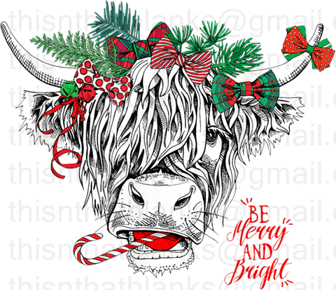 Merry And Bright Highland Christmas Cow Sublimation or DTF Transfer