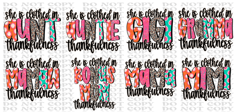 Clothed In Thankfulness NAMES DTF or Sublimation Transfer
